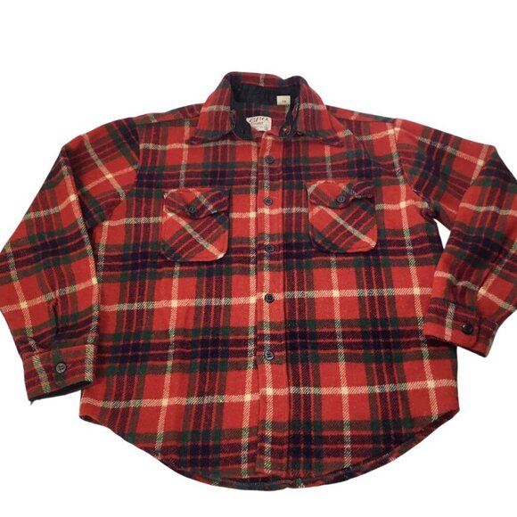 Vintage Campus C.P.O CPO Wool Blend Red Plaid Shirt Jacket Jac Large 16-16 1/2 - Picture 7 of 9